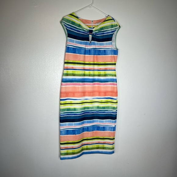Beige by eci Colorful Striped design Midi Dress keyhole stretch Sz Large - Picture 1 of 7